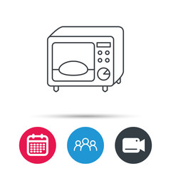 Microwave oven icon. Kitchen appliance sign. Group of people, video cam and calendar icons. Vector