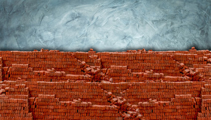 Heap red brick with rustic grunge blank cement space use for background.