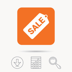 Sale coupon icon. Special offer tag symbol. Report chart, download and magnifier search signs. Orange square button with web icon. Vector