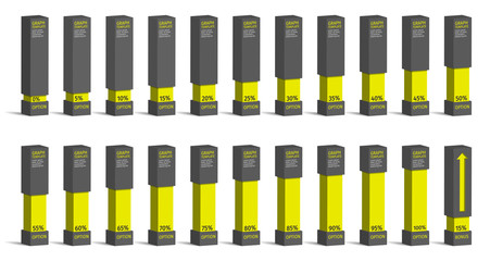 Set of yellow percentage charts for infographics, 0 5 10 15 20 25 30 35 40 45 50 55 60 65 70 75 80 85 90 95 100 percent. Vector illustration.