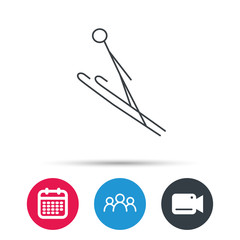 Fototapeta premium Ski jumping icon. Skis extreme sport sign. Professional competition symbol. Group of people, video cam and calendar icons. Vector