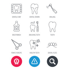 Achievement and search magnifier signs. Stomatology, tooth and dental crown icons. X-ray, mouthwash and dental floss linear signs. Toothache, forceps icons. Hazard attention icon. Vector