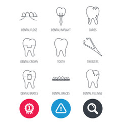 Achievement and search magnifier signs. Dental implant, floss and tooth icons. Braces, fillings and tweezers linear signs. Caries icon. Hazard attention icon. Vector