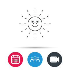 Sun rays icon. Summer sign. Hot weather symbol. Group of people, video cam and calendar icons. Vector