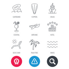 Achievement and search magnifier signs. Cruise, waves and cocktail icons. Hotel, palm tree and surfboard linear signs. Airplane, deck chair and flippers flat line icons. Hazard attention icon. Vector