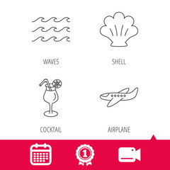 Achievement and video cam signs. Shell, waves and cocktail icons. Airplane linear sign. Calendar icon. Vector