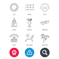 Achievement and search magnifier signs. Cruise, waves and cocktail icons. Hotel, palm tree and shell linear signs. Airplane, deck chair and sun flat line icons. Hazard attention icon. Vector