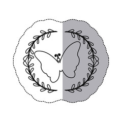 sticker contour arch of leaves with pink butterfly vector illustration
