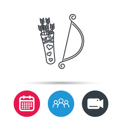 Amour arrows with bow icon. Cupid love symbol. Group of people, video cam and calendar icons. Vector