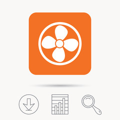 Ventilation icon. Air ventilator or fan symbol. Report chart, download and magnifier search signs. Orange square button with web icon. Vector