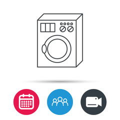 Washing machine icon. Washer sign. Group of people, video cam and calendar icons. Vector