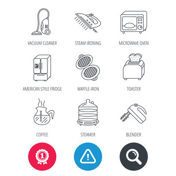Achievement and search magnifier signs. Microwave oven, coffee and blender icons. Refrigerator fridge, steamer and toaster linear signs. Vacuum cleaner, ironing and waffle-iron icons. Vector
