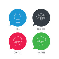 Colored speech bubbles. Pine tree, oak-tree icons. Forest trees linear sign. Flat web buttons with linear icons. Vector