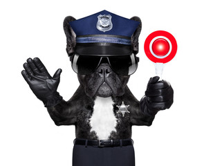 POLICE DOG ON DUTY WITH stop sign and hand , isolated on white blank background.