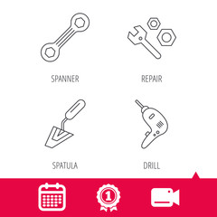 Achievement and video cam signs. Spanner repair tool, spatula and bolt icons. Drill linear sign. Calendar icon. Vector