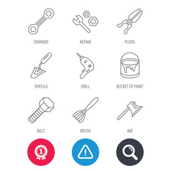 Achievement and search magnifier signs. Spanner repair tool, spatula and bolt icons. Bucket of paint, axe and brush linear signs. Drill, pliers flat line icons. Hazard attention icon. Vector