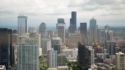 Landscape, cities, sky-scrapers, municipal landscape, architecture, height, water and city, lake, lake in city, many houses, Seattle, USA