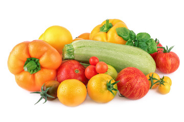 Fototapeta na wymiar fresh vegetables various of tomato paprika zucchini isolated on white