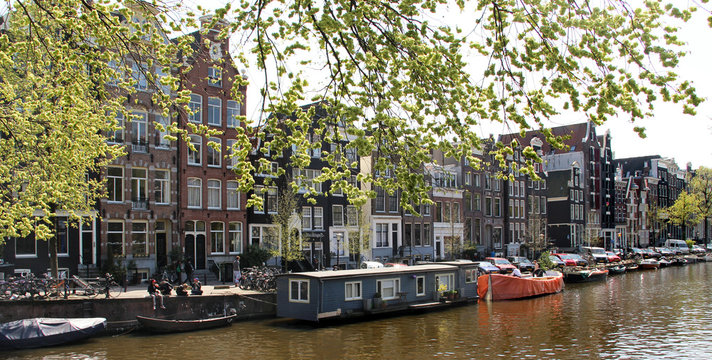 Beautiful view of Amsterdam canals in spring