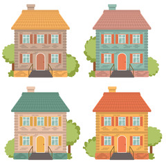 Four brick house on a white background. Urban environment.