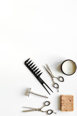 Mens hairdressing desktop with tools for shaving top view