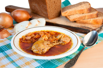 For lunch, chicken soup with beetroot and black bread