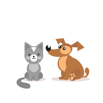Cat and dog. Two friends. Pets Veterinary Clinic. Cartoon illustration isolated on white background. Vector, EPS10.