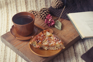 Obraz na płótnie Canvas Pie, tea, book and Incense stick. Aromatherapy