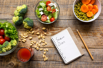 concept diet, slimming plan with vegetables top view mock up