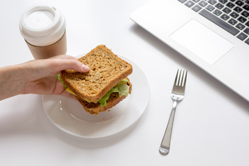 concept of lunch in office at work desktop