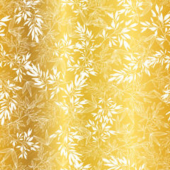 Vector Golden White Asian Leaves Seamless Pattern Background. Great for tropical vacation fabric, cards, wedding invitations, wallpaper.