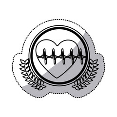 monochrome sticker with circle with olive branchs and heart with line vital sign vector illustration