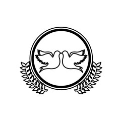 monochrome pigeons attached by the peak in circle with olive branchs vector illustration