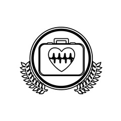monochrome firts aid kit with symbol line of vital sign in heart inside circle with olive branchs vector illustration