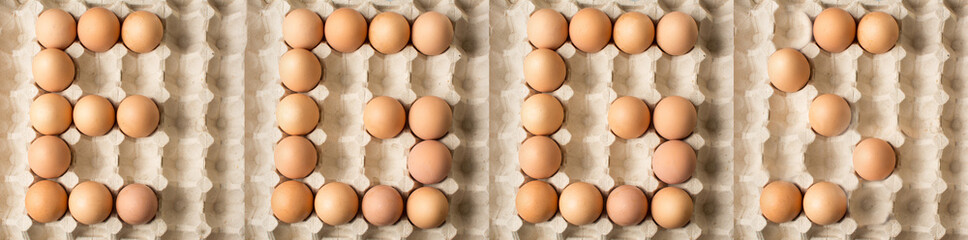 Word eggs written from raw chicken eggs