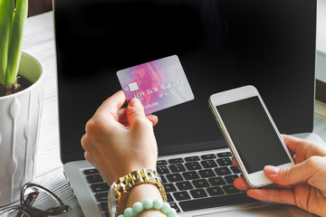 concept girl online shopping with laptop mock up