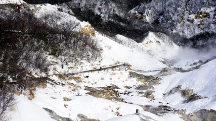 Noboribetsu onsen and bridge hell valley snow winter