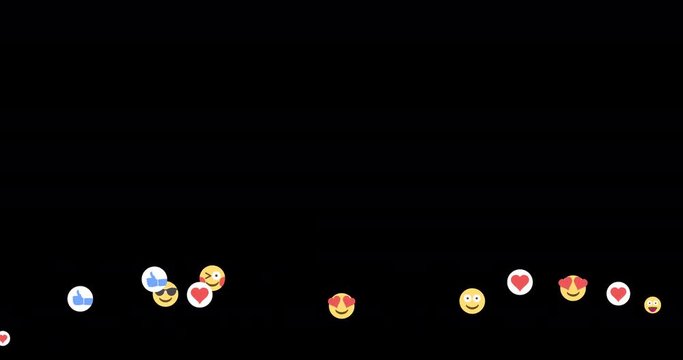 A bunch of custom happy social media-style emotion icons travel across the bottom of the screen. With alpha channel. Alpha channel data may only be available in original 4K version.	