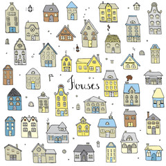 Hand drawn doodle street homes icons set. Vector illustration. Cottage symbol collection. Cartoon village buildings various sketch architectural elements: residential houses, housing, property