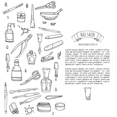 Hand drawn doodle Nail salon icons set. Vector illustration. Manicure accessories collection. Cartoon various sketch pedicure tools elements: polish, bottle, brush, varnish, scissors, lotion, cream
