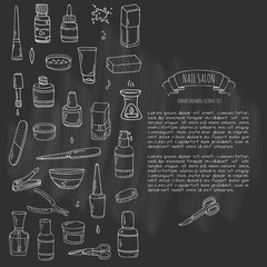 Hand drawn doodle Nail salon icons set. Vector illustration. Manicure accessories collection. Cartoon various sketch pedicure tools elements: polish, bottle, brush, varnish, scissors, lotion, cream
