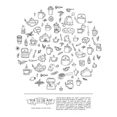 Hand drawn doodle Tea time icon set. Vector illustration. Isolated drink symbols collection. Cartoon various beverage element: mug, cup, teapot, leaf, bag, spice, plate, mint, herbal, sugar, lemon.