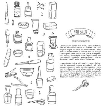 Hand drawn doodle Nail salon icons set. Vector illustration. Manicure accessories collection. Cartoon various sketch pedicure tools elements: polish, bottle, brush, varnish, scissors, lotion, cream