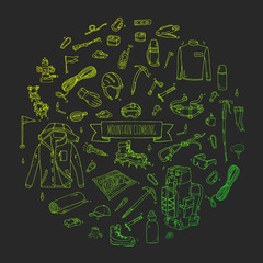 Hand drawn doodle Mountain Climbing icons set. Vector illustration. Mountaineering equipment collection. Cartoon sketch elements for trekking, hiking, tourism, expedition, camping, outdoor recreation.