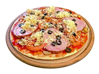 Pizza with ham, tomato, mushrooms, cheese