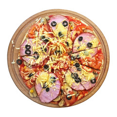 Pizza with ham, tomato, mushrooms, cheese