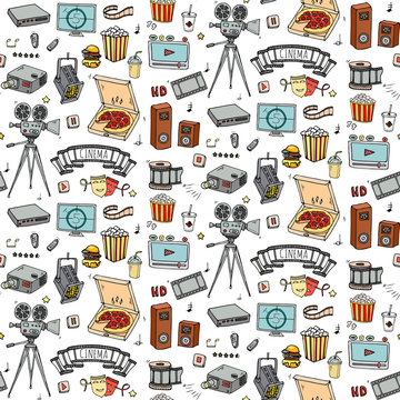 Seamless pattern Hand drawn doodle Cinema set. Vector illustration. Movie making icons. Film symbols collection. Cinematography freehand element: Camera Photo Camera Pizza Popcorn Projector Microphone