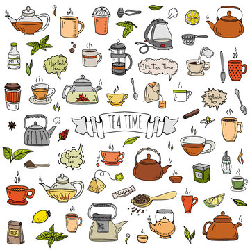 Hand drawn doodle Tea time icon set. Vector illustration. Isolated drink symbols collection. Cartoon various beverage element: mug, cup, teapot, leaf, bag, spice, plate, mint, herbal, sugar, lemon.