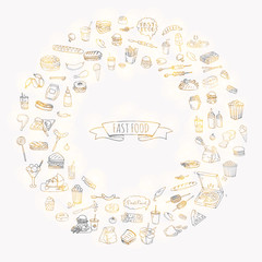 Hand drawn doodle Fast food icons set. Vector illustration. Junk food elements collection. Cartoon snack various sketch symbol: soda, burger, potato,hot dog, pizza, tacos, sweet desert, donut, popcorn