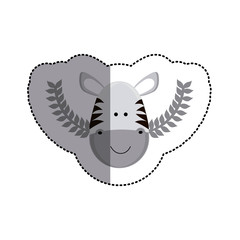 grayscale sticker with zebra head and olive branchs and middle shadow vector illustration